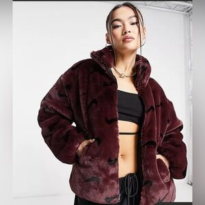 Nike Women's Burgundy Faux Fur Jacket.Sportswear Plush lacket. Oversized